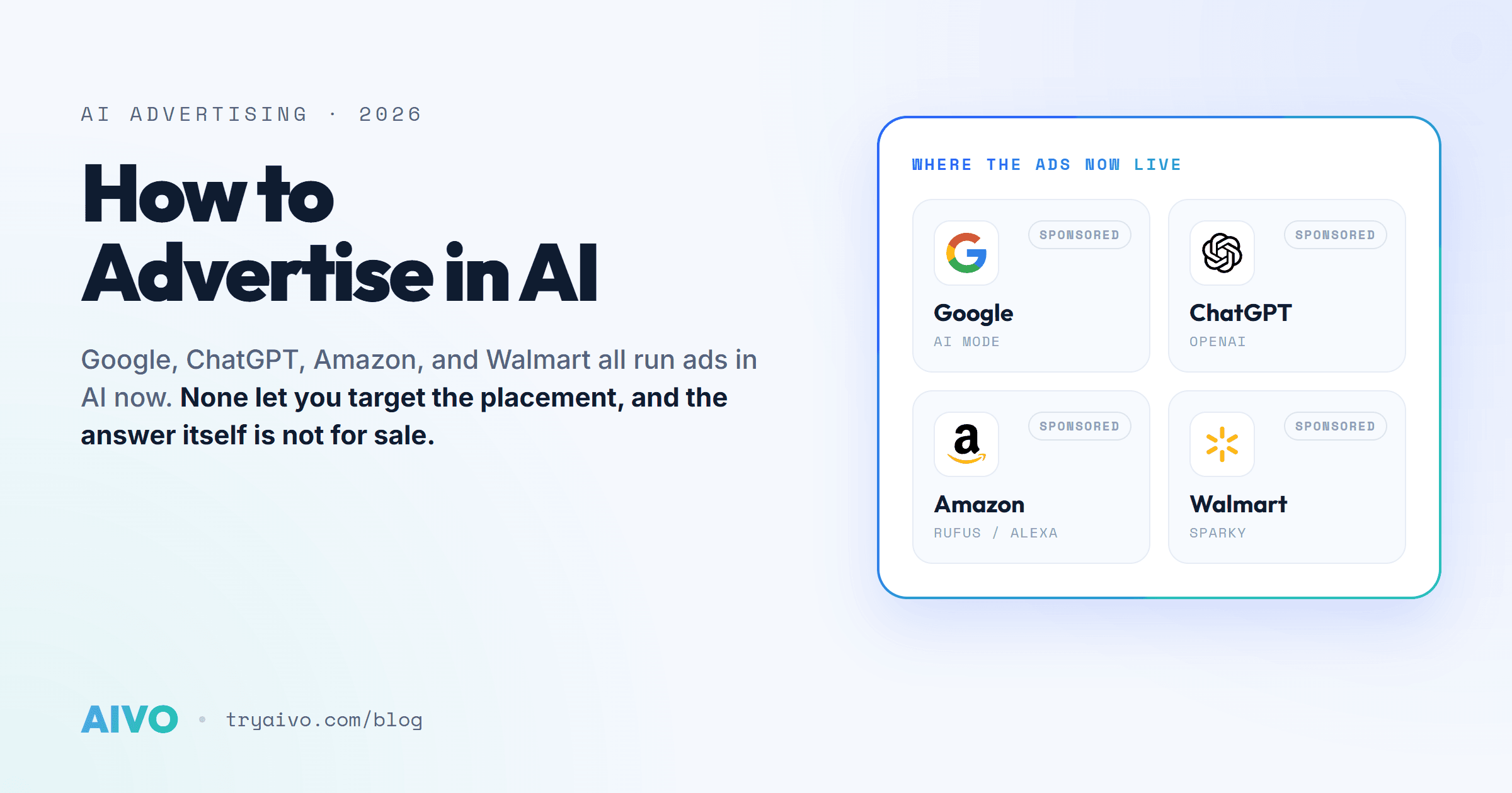 How to advertise in AI in 2026: ads inside Google AI Overviews and AI Mode, ChatGPT, Amazon Rufus, and Walmart Sparky, all served from your existing campaigns as opt-in inventory.