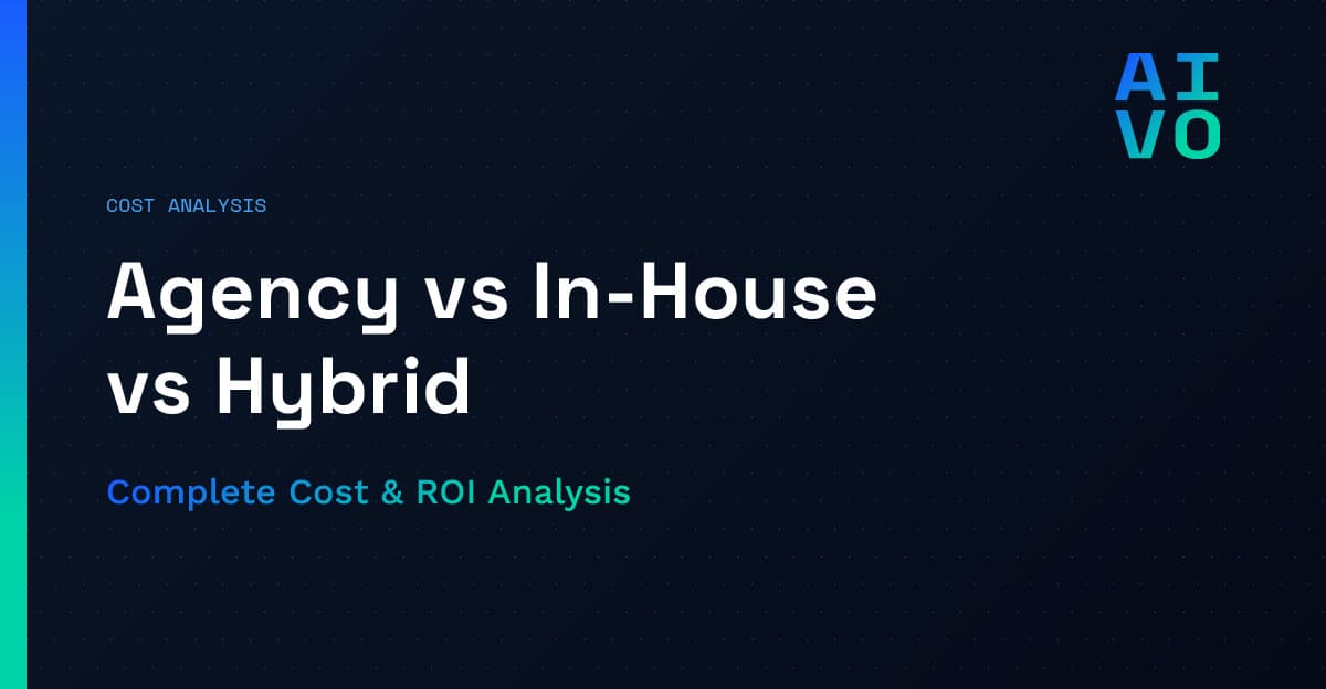 Cost Analysis category with headline Agency vs In-House vs Hybrid and subheadline Complete Cost ROI Analysis on dark gradient background with dot matrix pattern and AIVO grid logo - AEO Implementation Cost Comparison