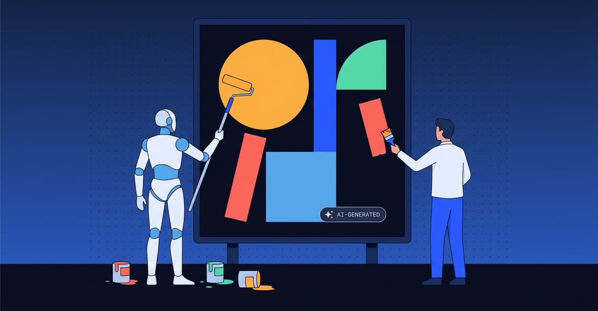 Flat illustration of a robot and a human designer working on the same billboard, the artwork carrying a small AI-generated label