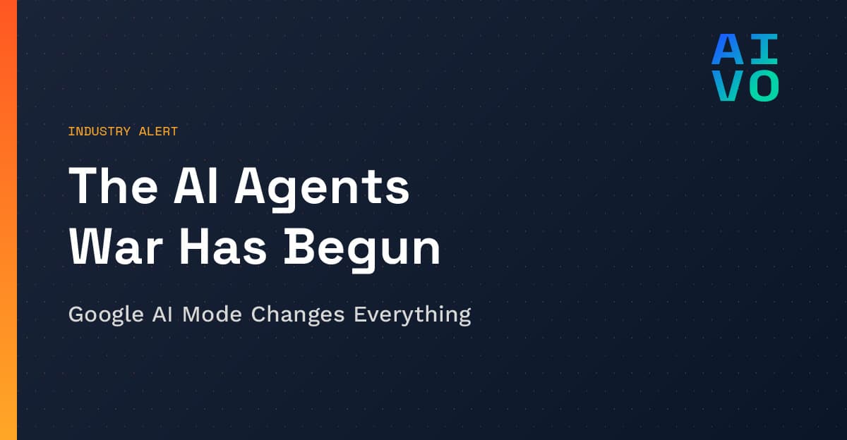 Industry Alert category with headline The AI Agents War Has Begun and subheadline Google AI Mode Changes Everything on dark gradient background with flame accent and dot matrix pattern and AIVO grid logo - AI Shopping Platform Shift Alert