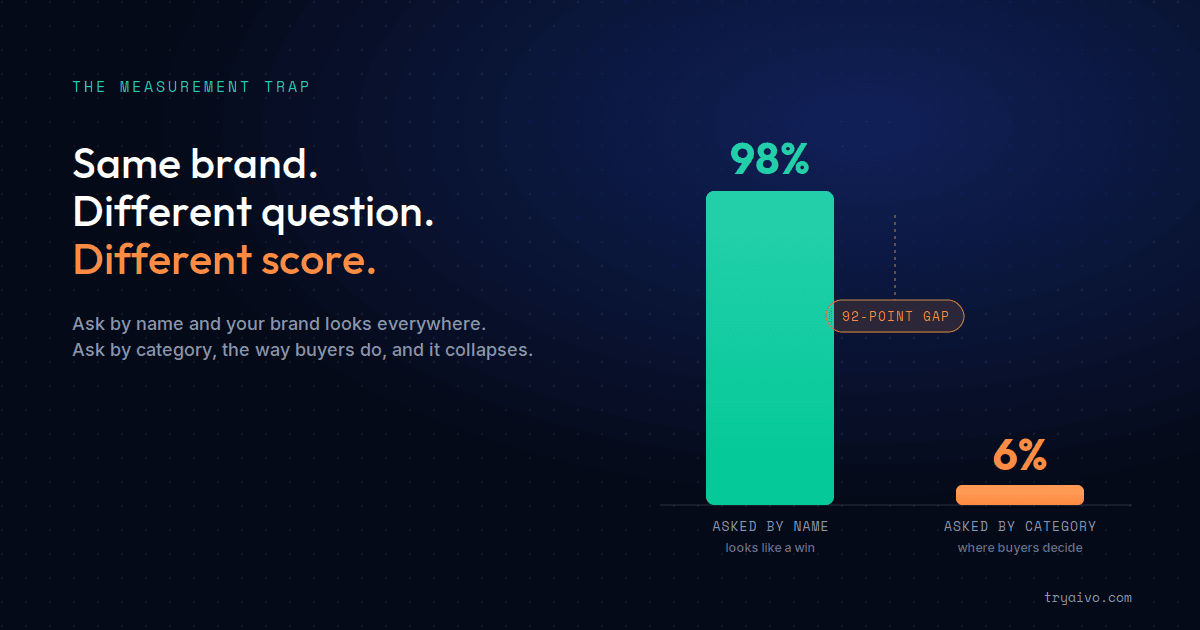 Two AI visibility scores for the same brand side by side: a high one from branded prompts and a low one from category prompts, showing how the question changes the number.