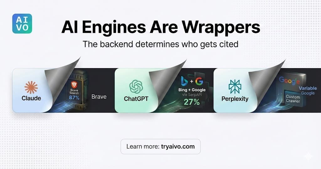 Diagram showing AI engines (Claude, ChatGPT, Perplexity) as wrappers around traditional search infrastructure (Brave Search, Bing, Google)