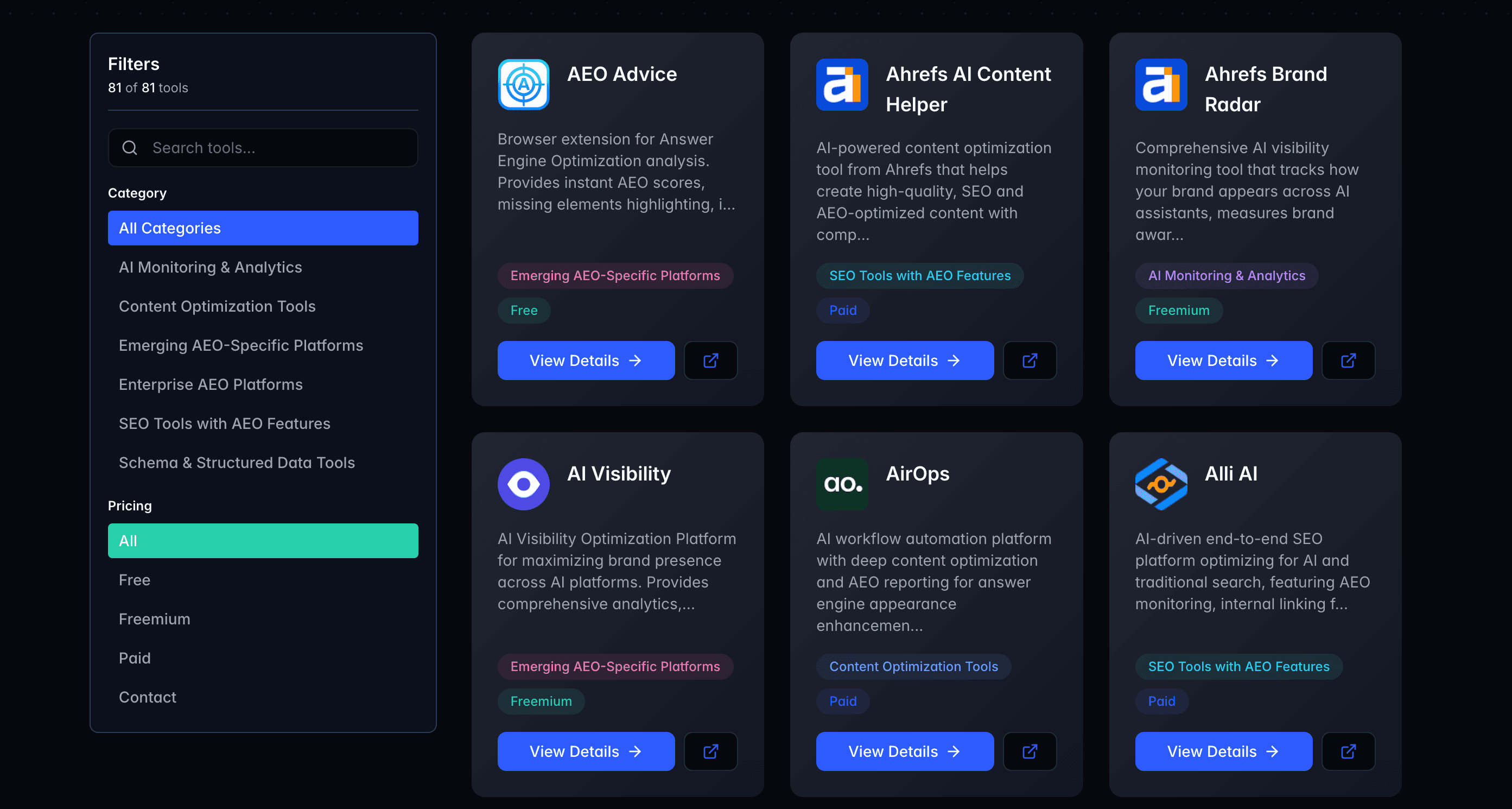 Comprehensive directory of AI visibility and optimization tools