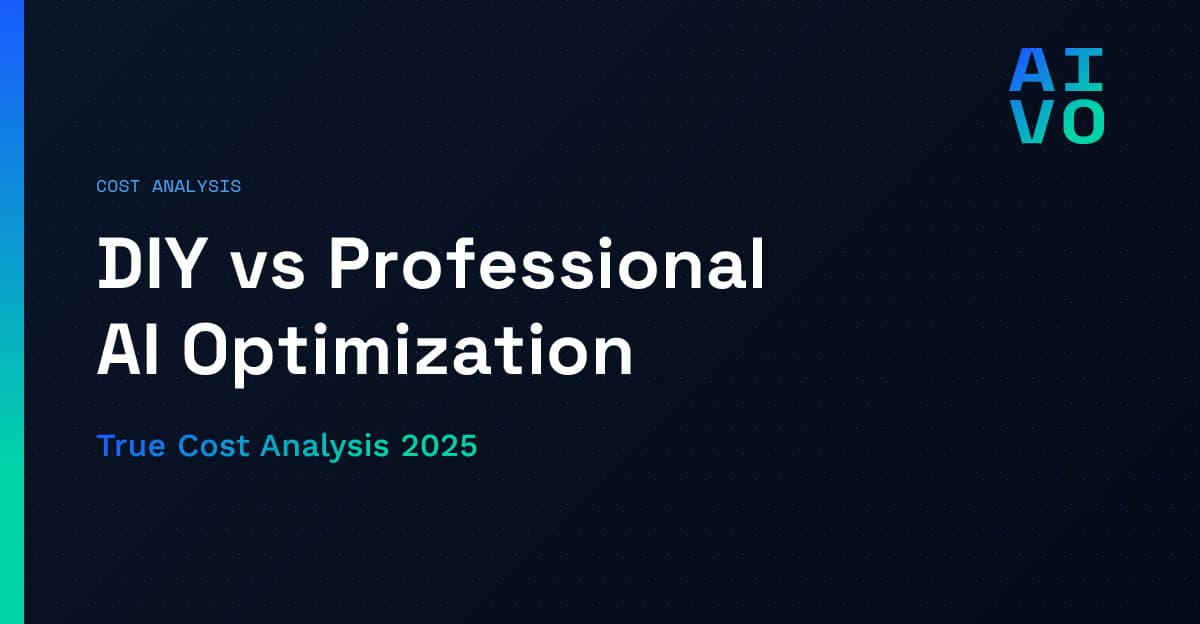 Cost Analysis category with headline DIY vs Professional AI Optimization and subheadline True Cost Analysis 2025 on dark gradient background with dot matrix pattern and AIVO grid logo - Build vs Buy Cost Comparison