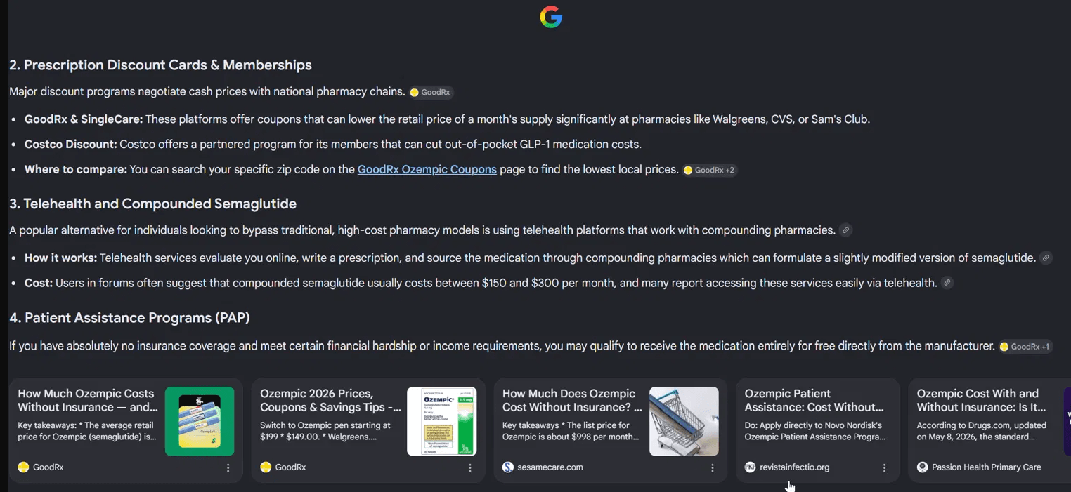 Google AI Overview citing hijacked medical journal revistainfectio.org as a source alongside GoodRx and Drugs.com for an ozempic without insurance query
