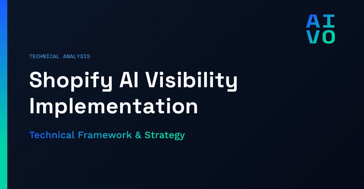Technical Analysis category with headline Shopify AI Visibility Implementation and subheadline Technical Framework Strategy on dark gradient background with dot matrix pattern and AIVO grid logo - Shopify AEO Technical Guide