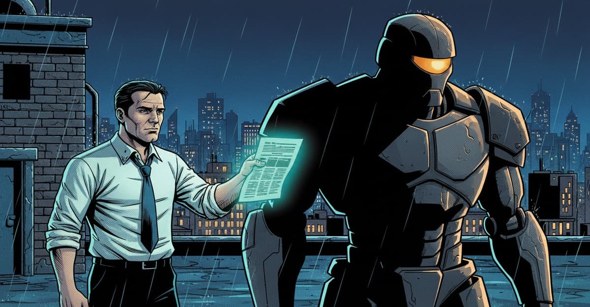 Comic standoff on a rainy rooftop: a publisher holds out a glowing text-only page as a machine sentinel turns its lens away
