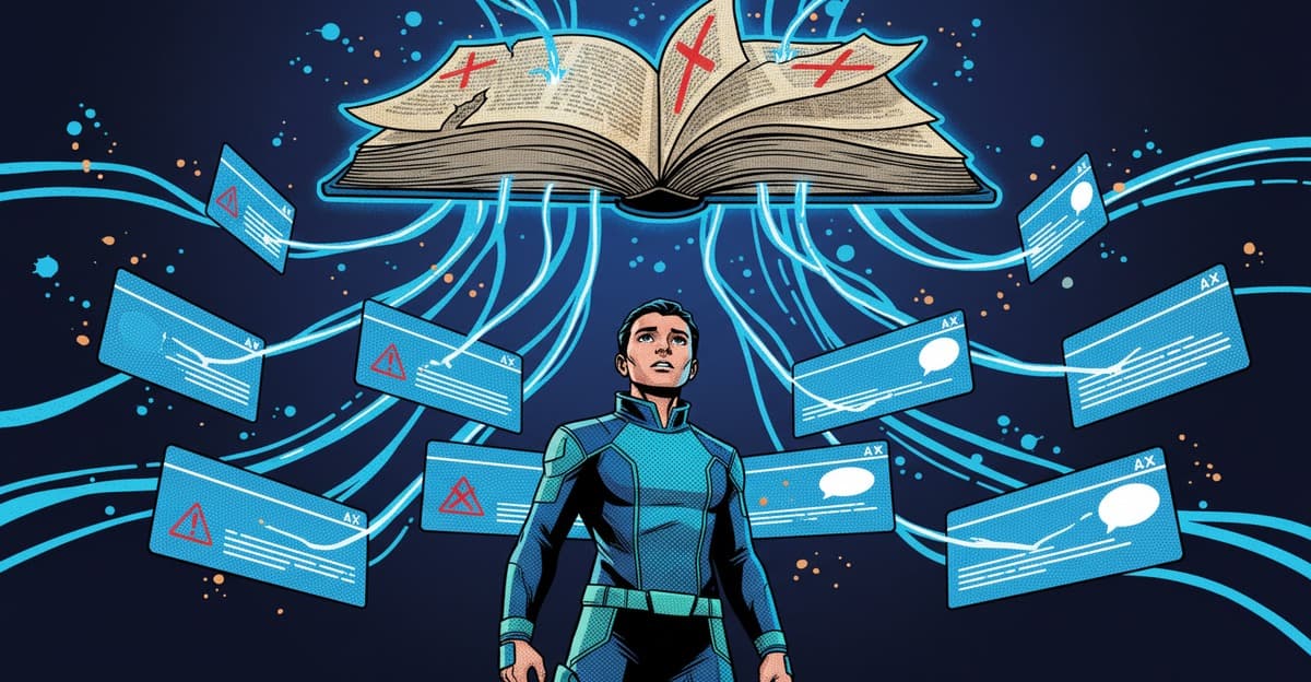 Comic-style illustration of a figure looking up at an encyclopedia with red X marks, its pages dissolving into AI chat windows spreading misinformation