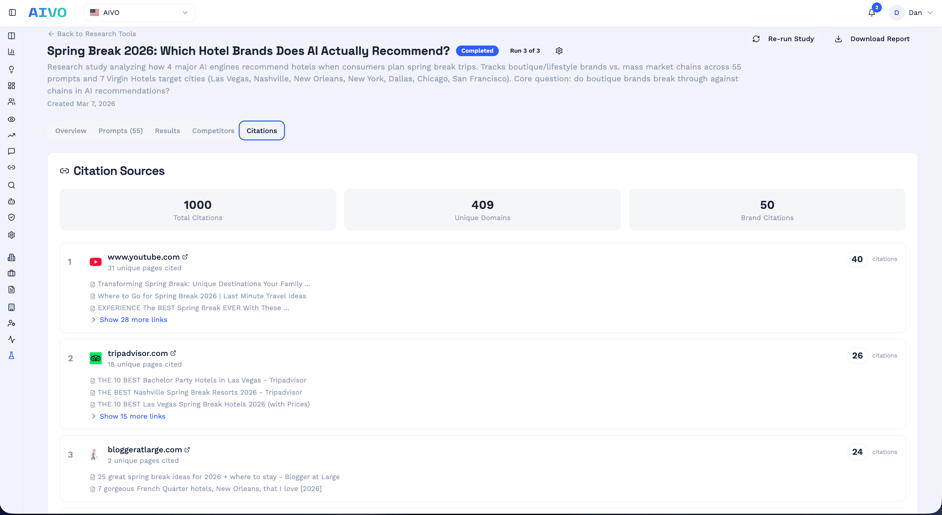 AIVO Research Platform showing citation sources for the spring break 2026 study: 1,000 total citations, 409 unique domains, 50 brand citations