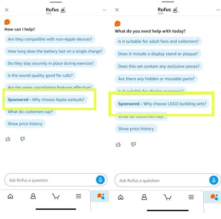 Amazon's Rufus AI shopping assistant, now Alexa for Shopping, showing Sponsored product prompts inside its chat replies.