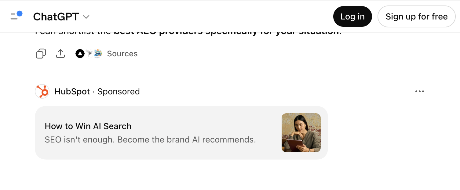 A ChatGPT answer with a Sponsored ad card appearing below the response, labeled Sponsored and separated from the AI answer.