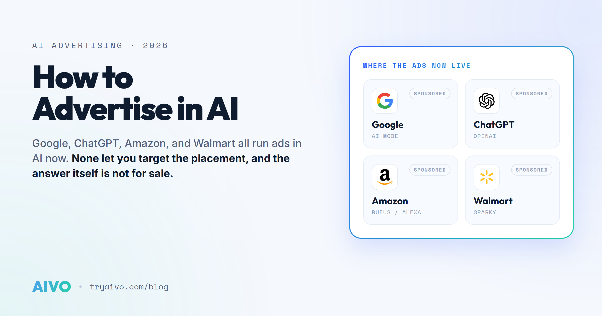 How to advertise in AI in 2026: ads inside Google AI Overviews and AI Mode, ChatGPT, Amazon Rufus, and Walmart Sparky, all served from your existing campaigns as opt-in inventory.