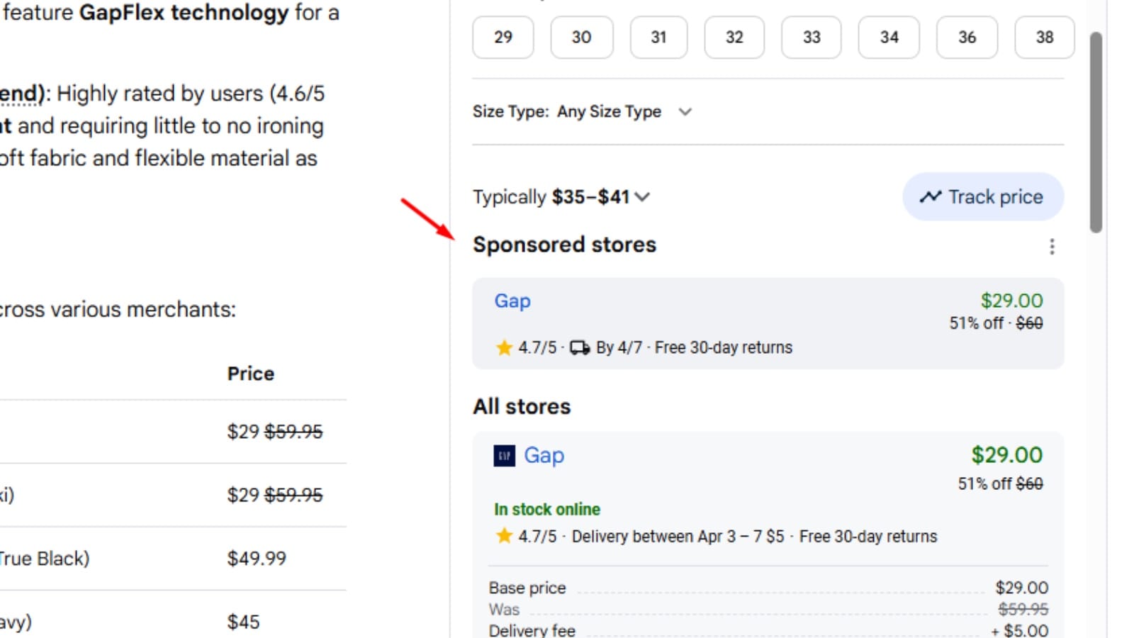 Google AI Mode showing a Sponsored stores ad unit with a Gap product listed above the organic All stores results.