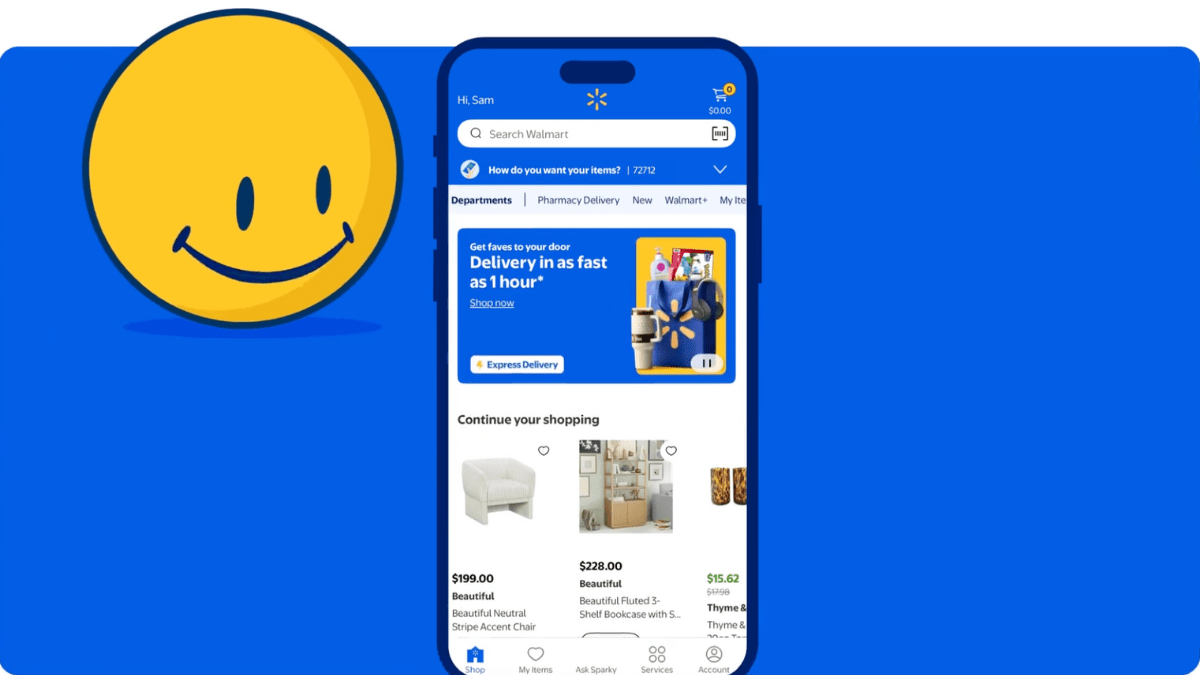 Walmart app showing the Ask Sparky AI shopping assistant with a sponsored in-app placement.