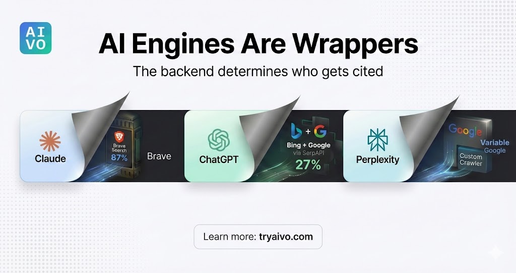 Diagram showing AI engines (Claude, ChatGPT, Perplexity) as wrappers around traditional search infrastructure (Brave Search, Bing, Google)