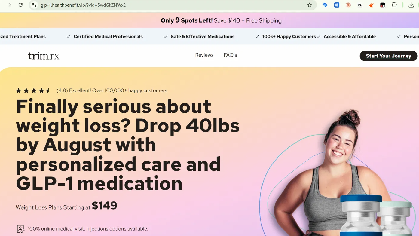 Final TrimRx-branded GLP-1 weight-loss landing page reached after the redirect, showing a fake scarcity countdown