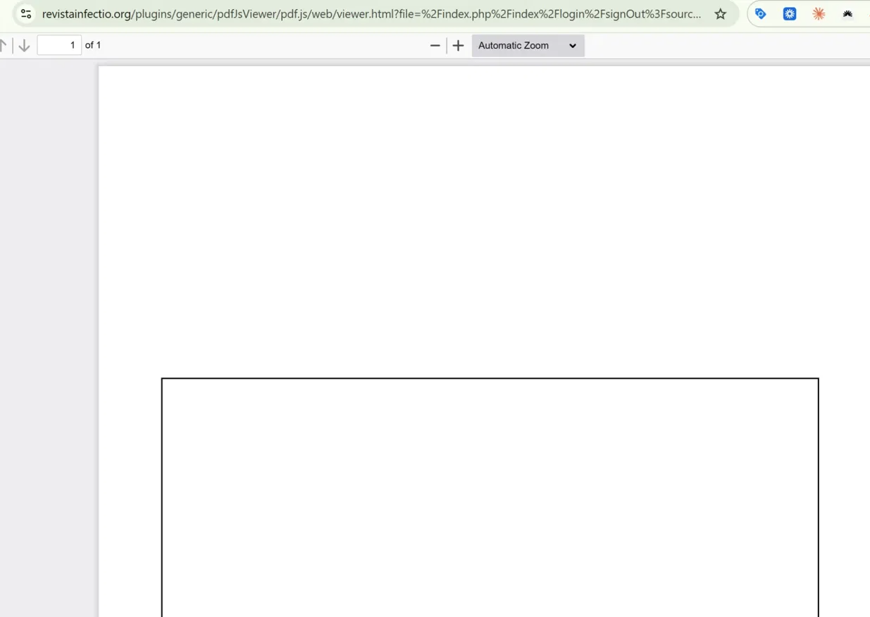 Empty PDF.js viewer shell loaded from the hijacked Open Journal Systems journal domain before redirect