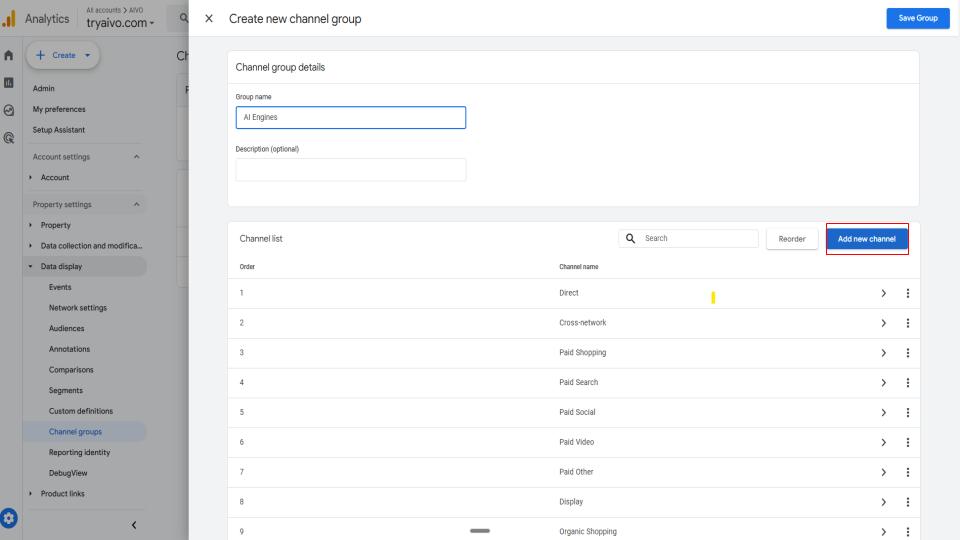 GA4 Create channel group screen with a new custom group named AI Traffic 2026 for AI assistant referral sources