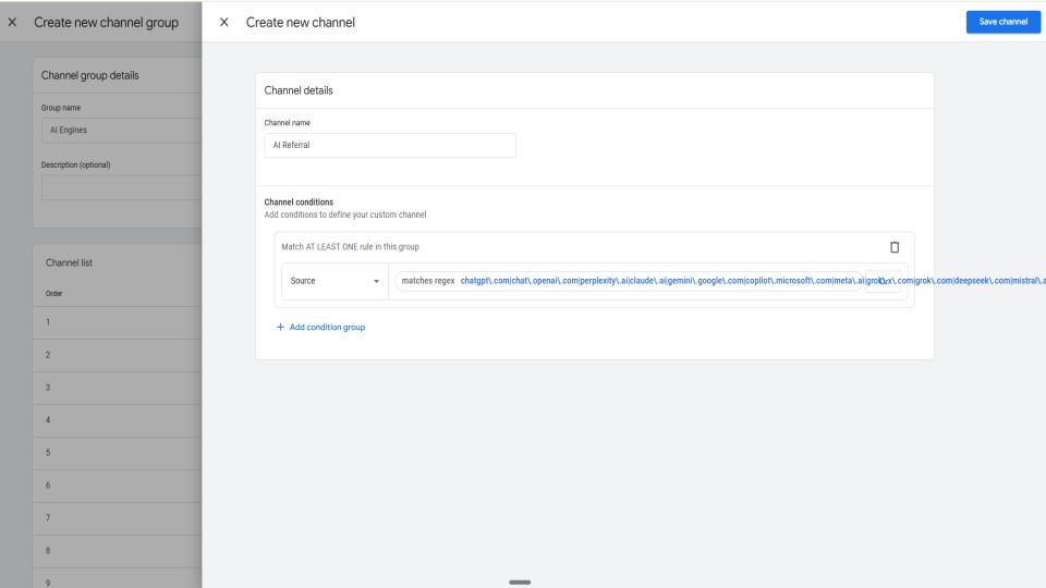 GA4 custom channel editor for AI Search using Session source matches regular expression for ChatGPT, Perplexity, Claude, Gemini, and Copilot domains