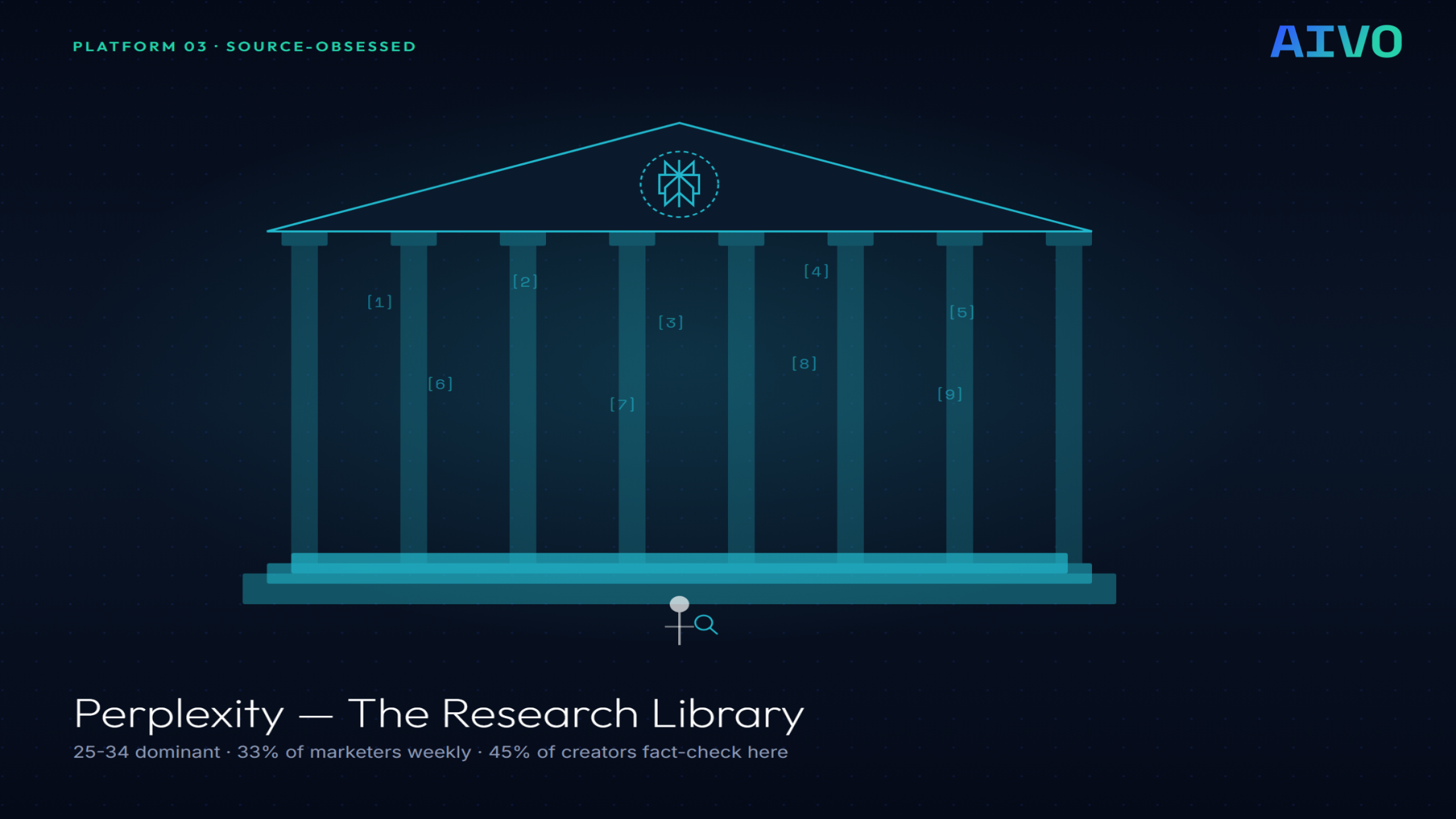 Perplexity platform demographic profile showing 25-34 age group, 60% male, citation-driven research audience